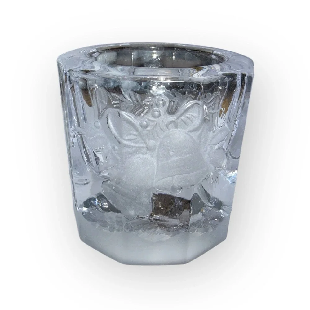Clear Frosted Glass Christmas Bell Holly Votive Candle Holder Octagon Base